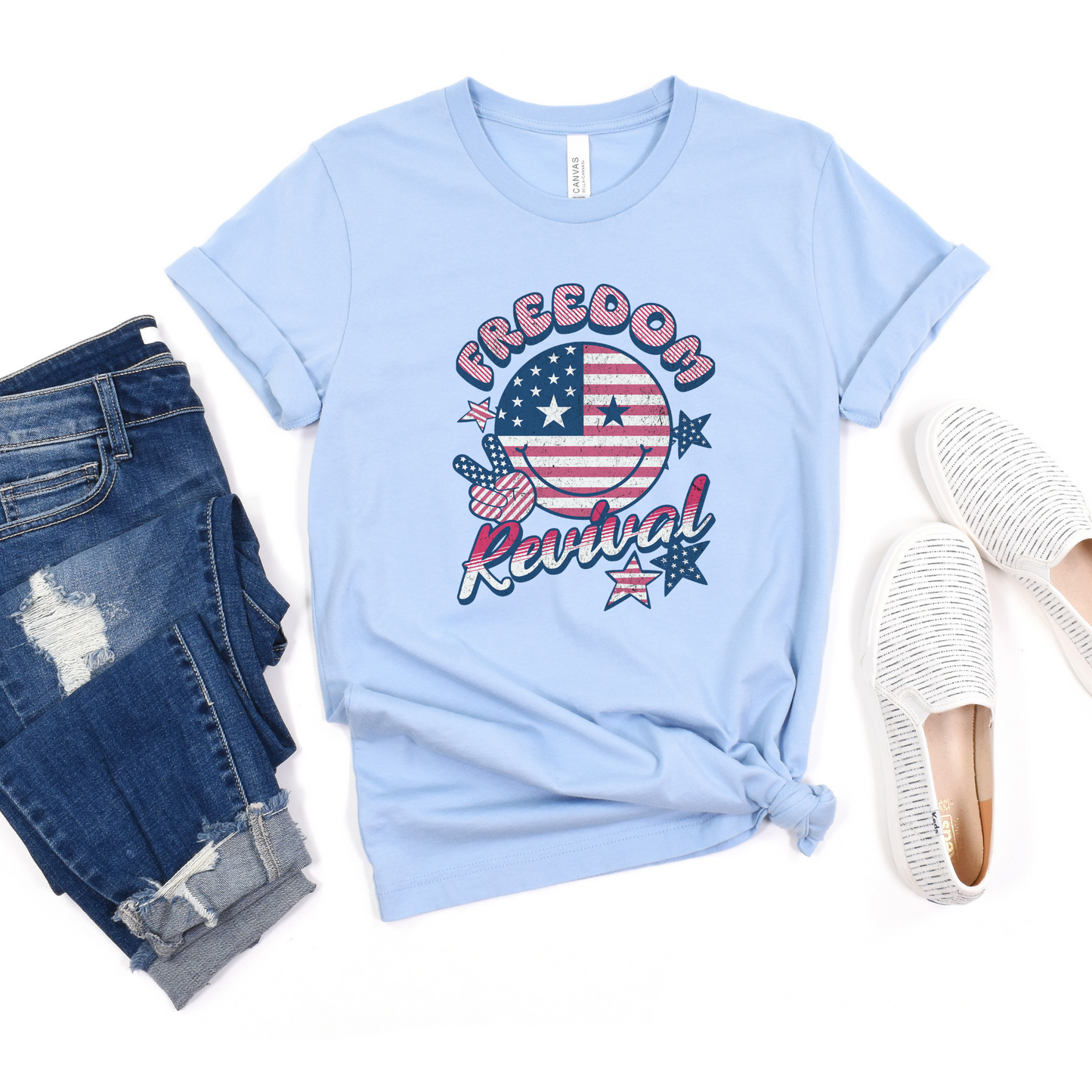 Fourth of July T-Shirt; Smiley Face Fourth of July Tshirt, patriotic tshirt, retro fourth of July tshirt; Freedom Revival tshirt