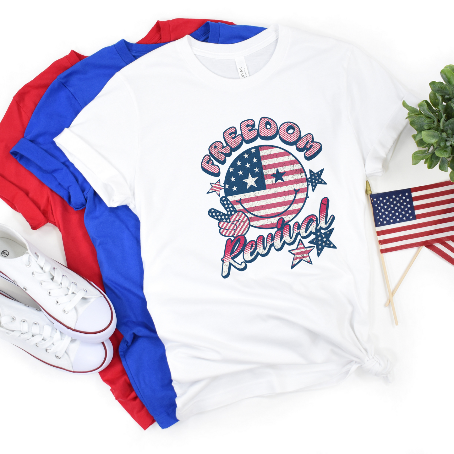 Fourth of July T-Shirt; Smiley Face Fourth of July Tshirt, patriotic tshirt, retro fourth of July tshirt; Freedom Revival tshirt