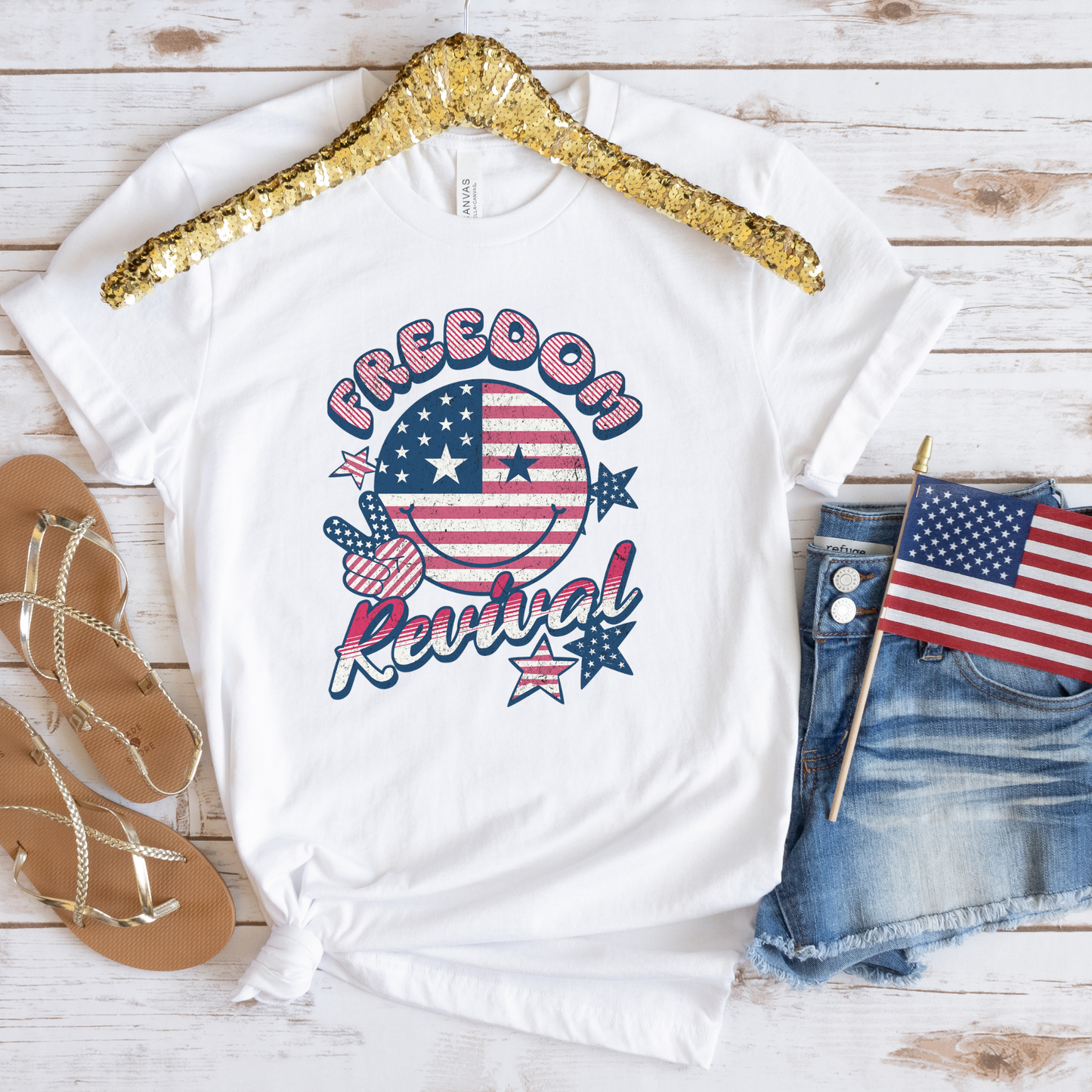 Fourth of July T-Shirt; Smiley Face Fourth of July Tshirt, patriotic tshirt, retro fourth of July tshirt; Freedom Revival tshirt