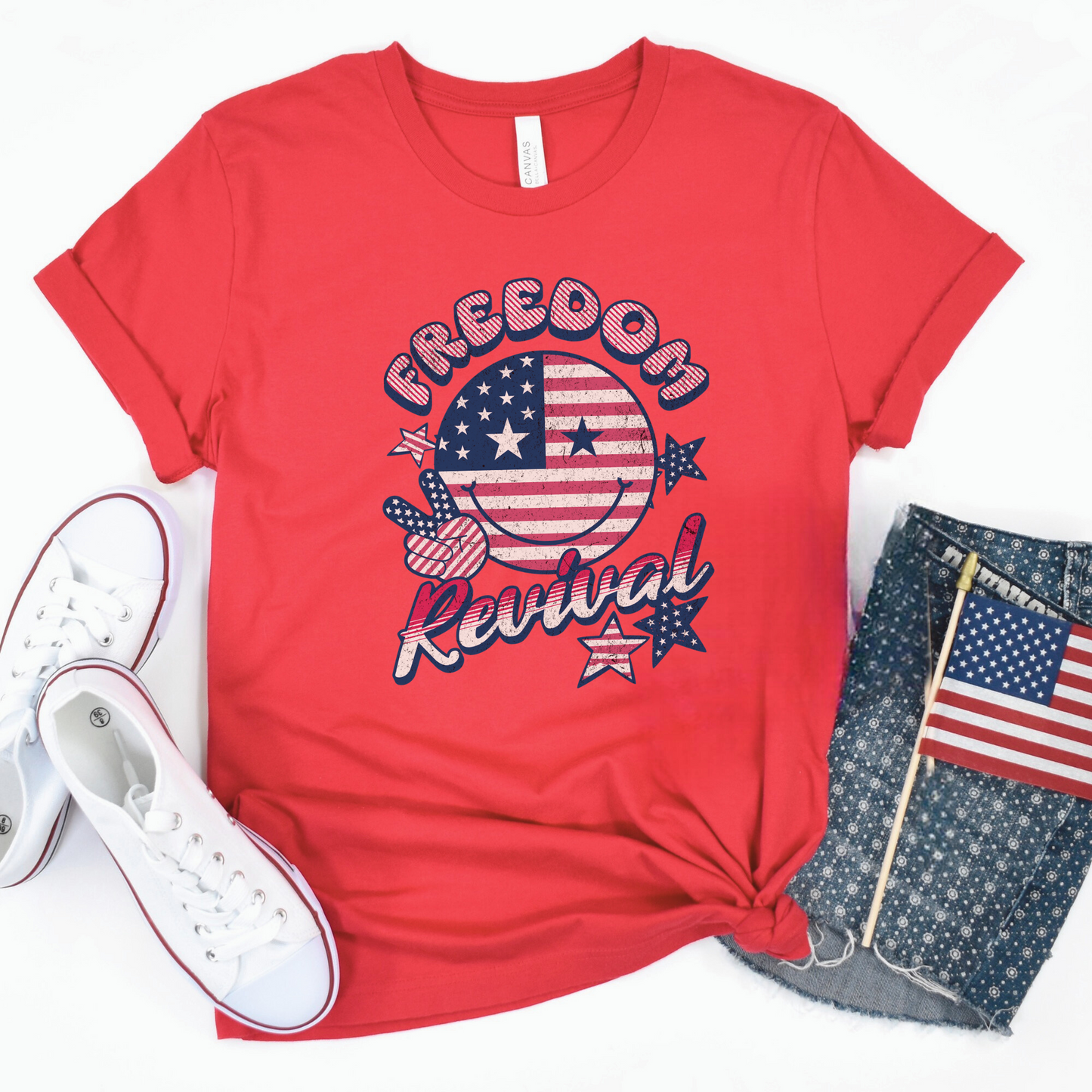 Fourth of July T-Shirt; Smiley Face Fourth of July Tshirt, patriotic tshirt, retro fourth of July tshirt; Freedom Revival tshirt