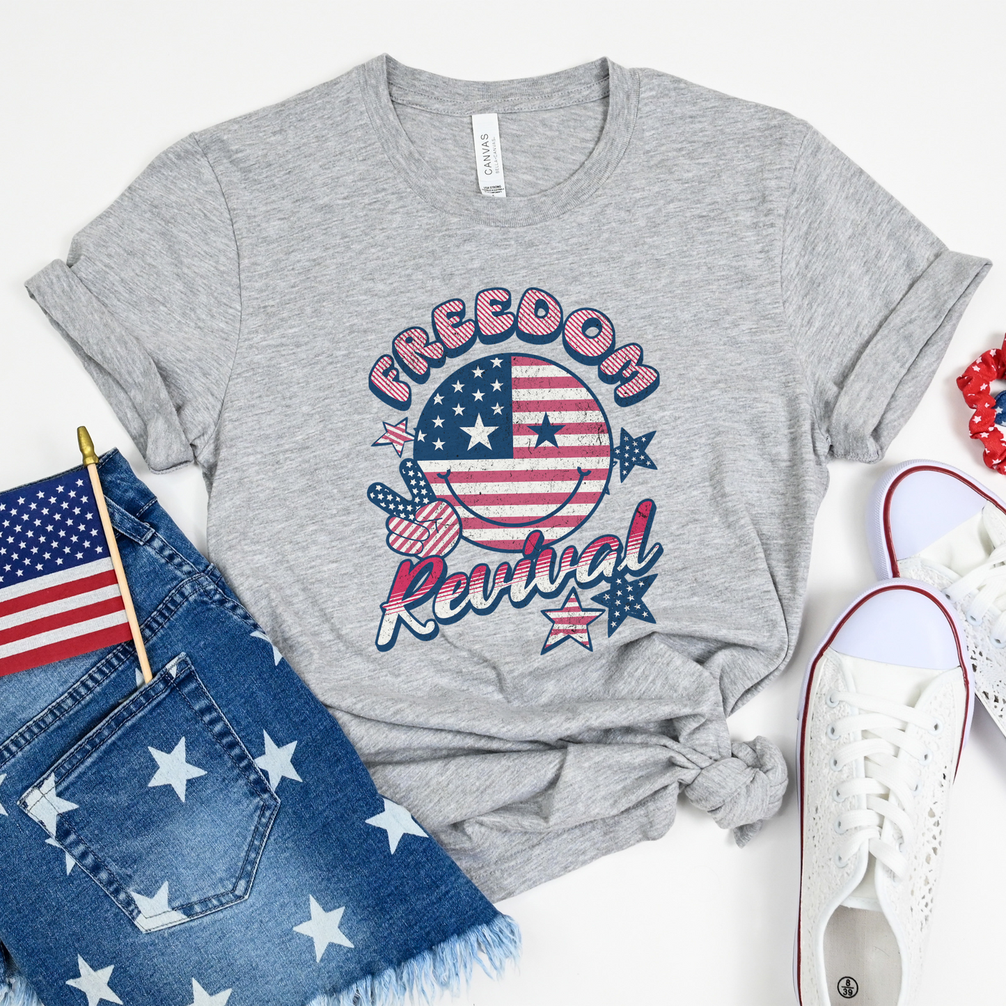 Fourth of July T-Shirt; Smiley Face Fourth of July Tshirt, patriotic tshirt, retro fourth of July tshirt; Freedom Revival tshirt