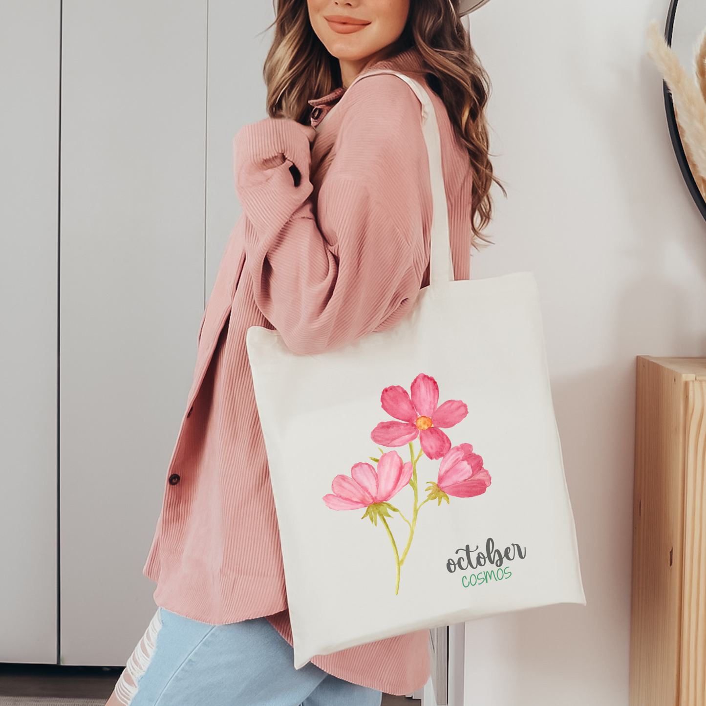 October Birth Flower Canvas Tote Bag; Cosmos Tote Bag
