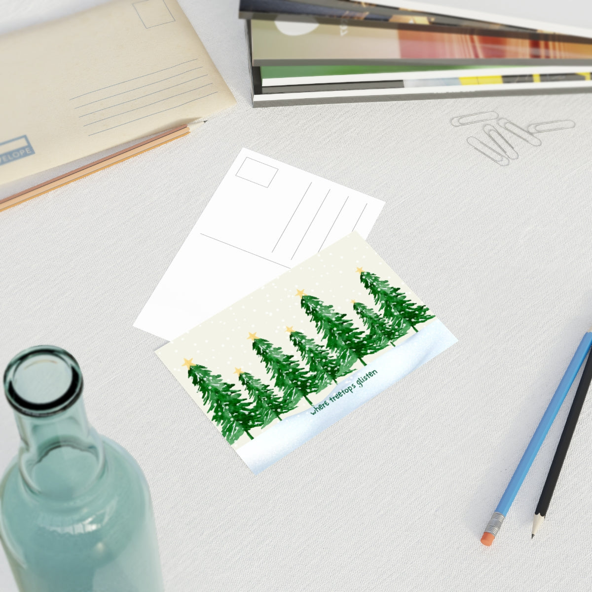 Beautiful Christmas Postcards (10pcs) featuring watercolor Christmas Trees in the Snow