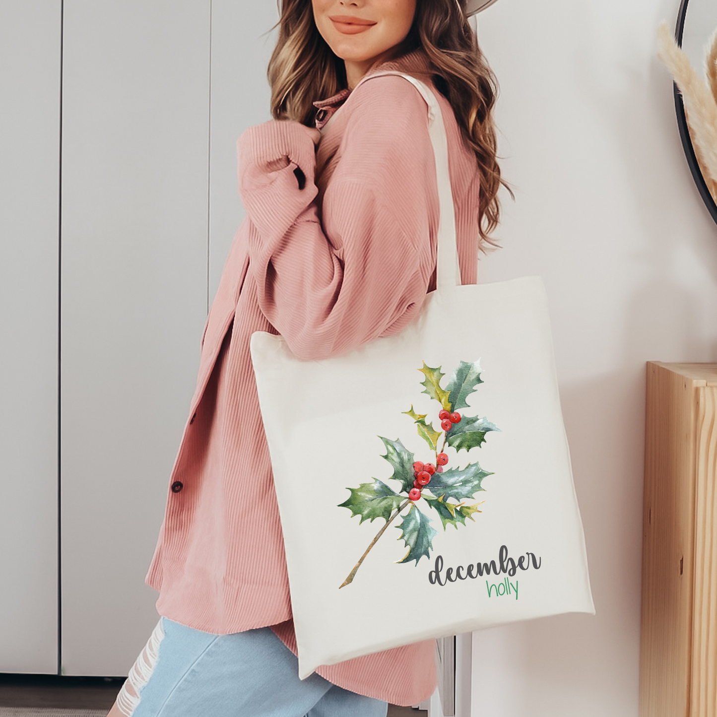 December Birth Flower Canvas Tote Bag; Holly Tote Bag
