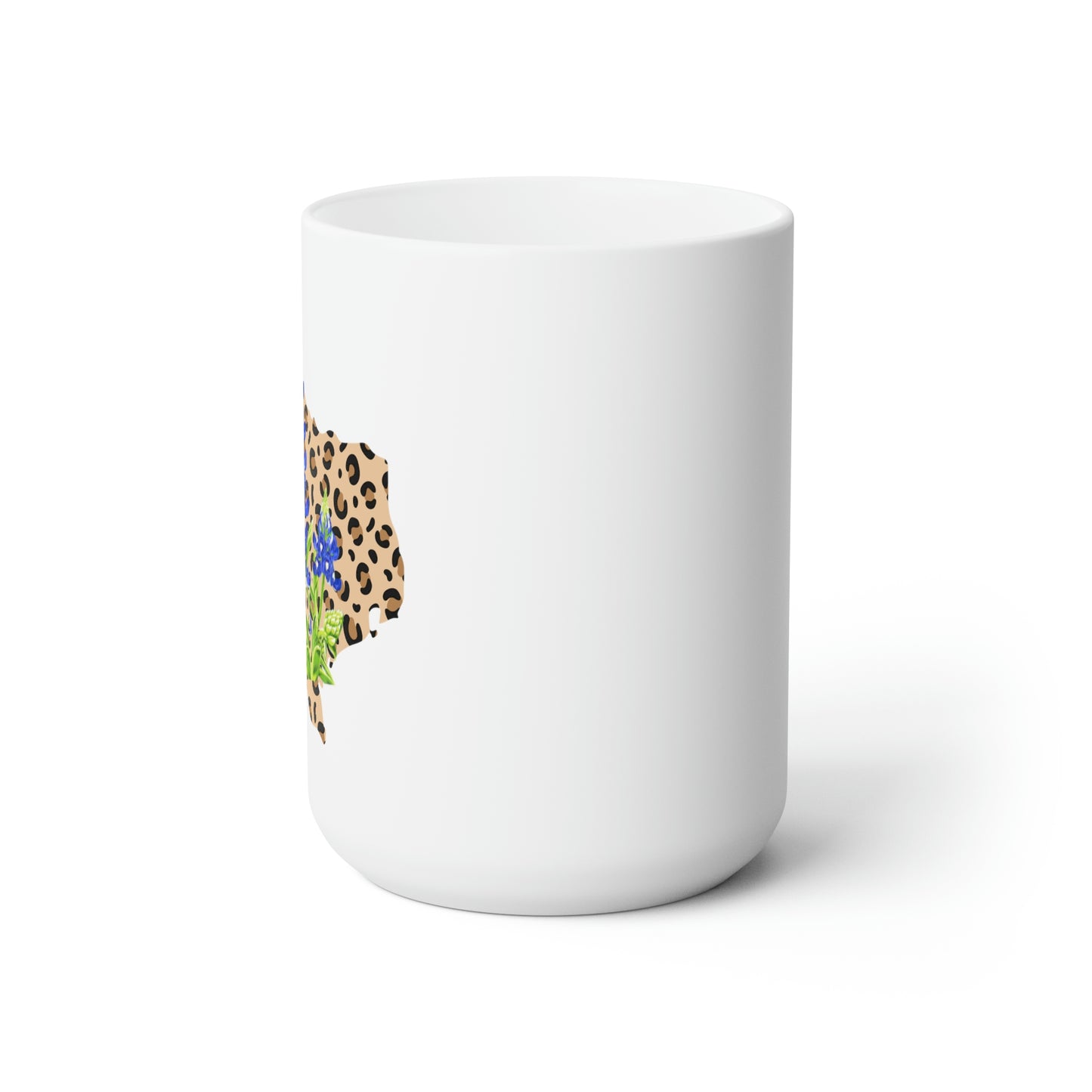Leopard Print Texas with Bluebonnet; Texas state flower Ceramic Mug 15oz; floral mug with bluebonnet