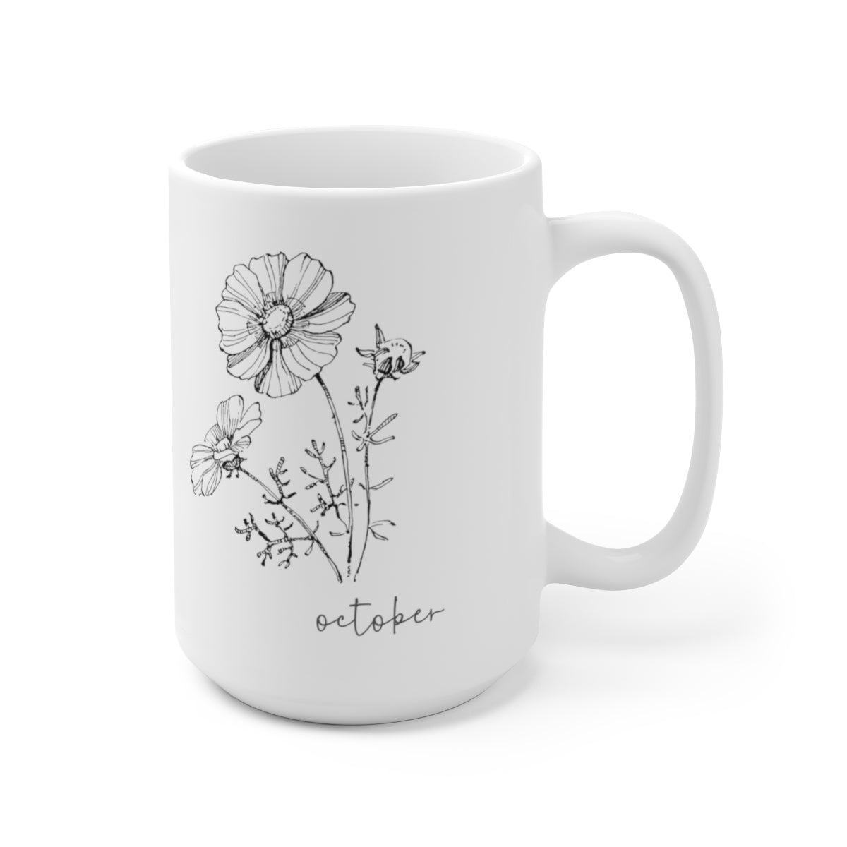Birth month flower sketch - October; Cosmos coffee mug; Ceramic Mug 15oz