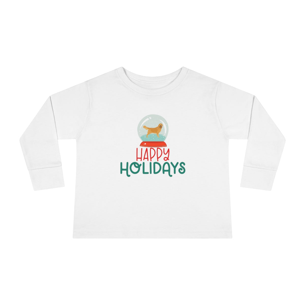 Happy Holidays Golden Retriever Toddler Long Sleeve Tee; Merry Christmas Dog shirt; Dog in a Snowglobe; Golden Retriever shirt
