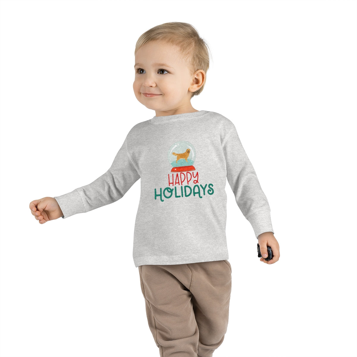 Happy Holidays Golden Retriever Toddler Long Sleeve Tee; Merry Christmas Dog shirt; Dog in a Snowglobe; Golden Retriever shirt