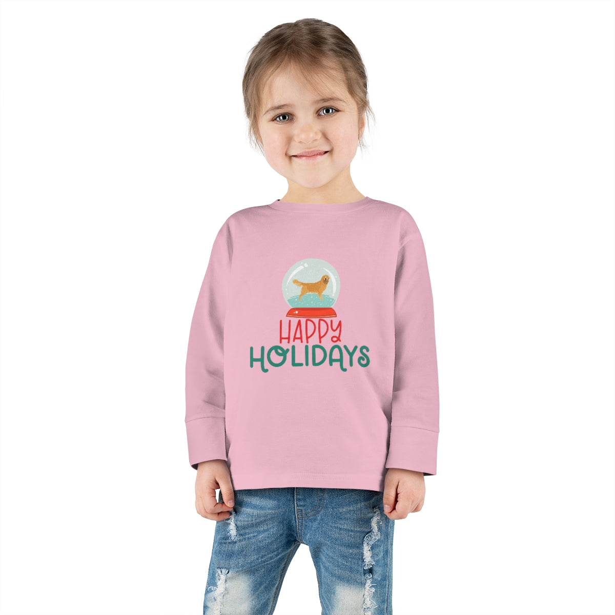 Happy Holidays Golden Retriever Toddler Long Sleeve Tee; Merry Christmas Dog shirt; Dog in a Snowglobe; Golden Retriever shirt