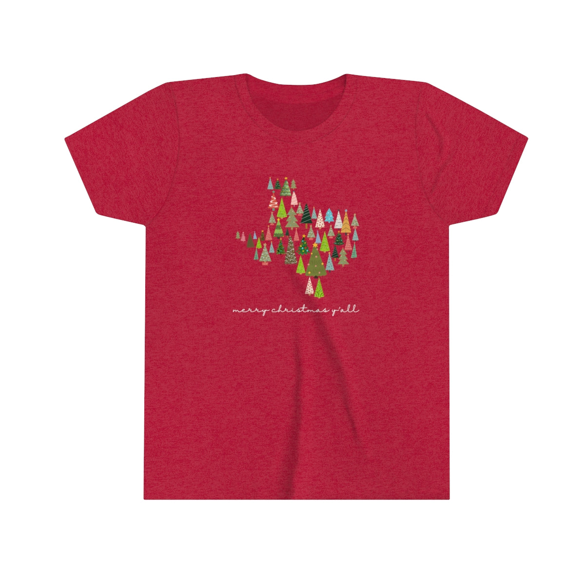 Merry Christmas, Y'all; Texas Shape Christmas Trees Youth Short Sleeve Tee; Merry Texmas