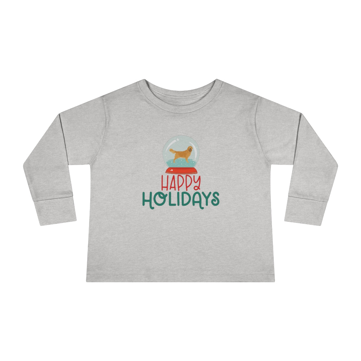 Happy Holidays Golden Retriever Toddler Long Sleeve Tee; Merry Christmas Dog shirt; Dog in a Snowglobe; Golden Retriever shirt