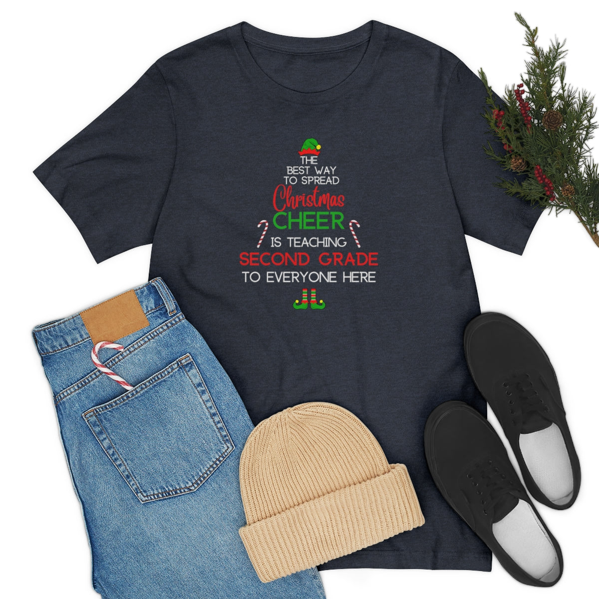 Spread Christmas Cheer Teacher Shirt; SECOND GRADE; Bella Unisex Jersey Short Sleeve Tee
