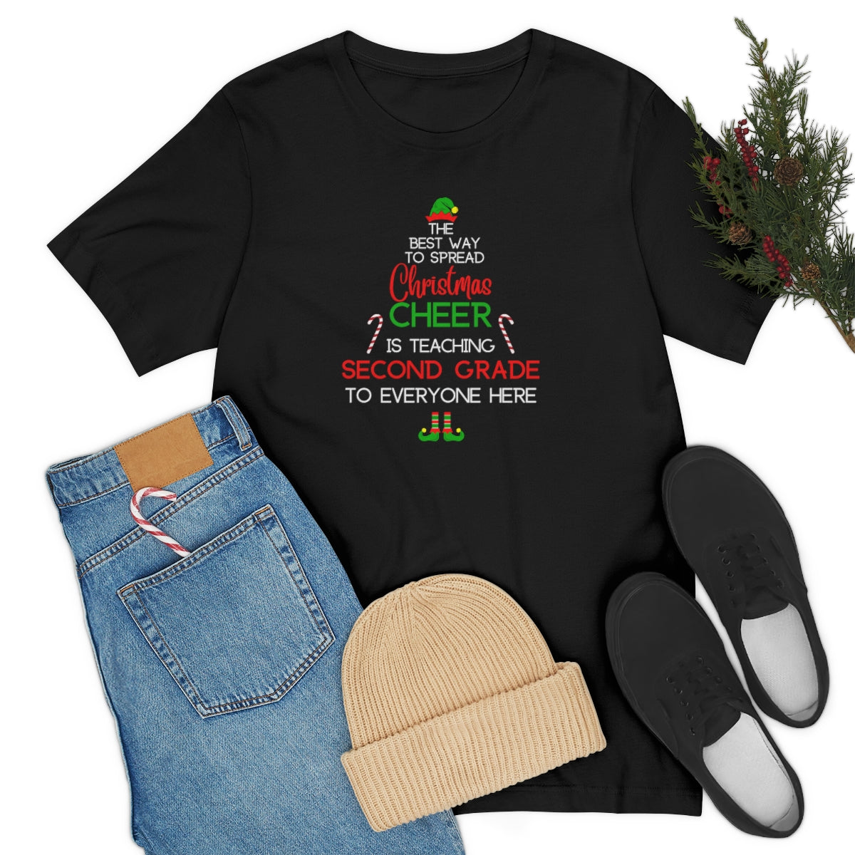 Spread Christmas Cheer Teacher Shirt; SECOND GRADE; Bella Unisex Jersey Short Sleeve Tee