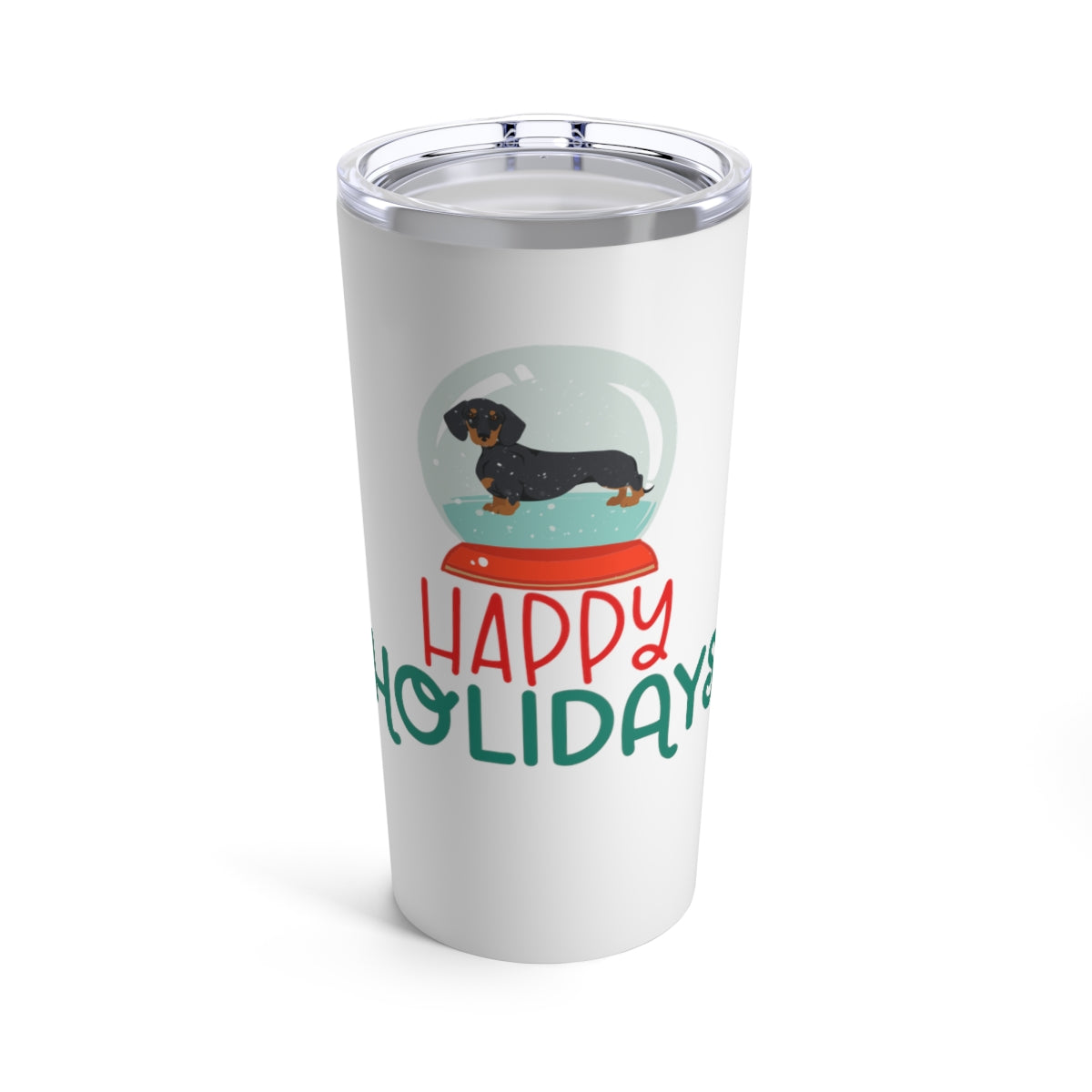 Happy Holidays Dachshund in a Snowglobe tumbler; for hot or cold drinks; Tumbler 20oz