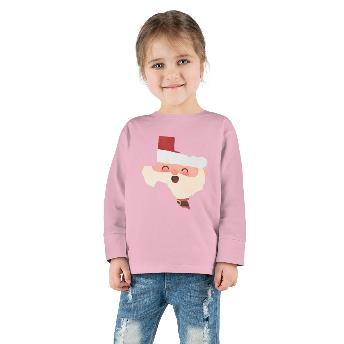 Merry Christmas Texas Santa Toddler Long Sleeve Tee; Merry Christmas Texas; Toddler shirt with Santa face in Texas