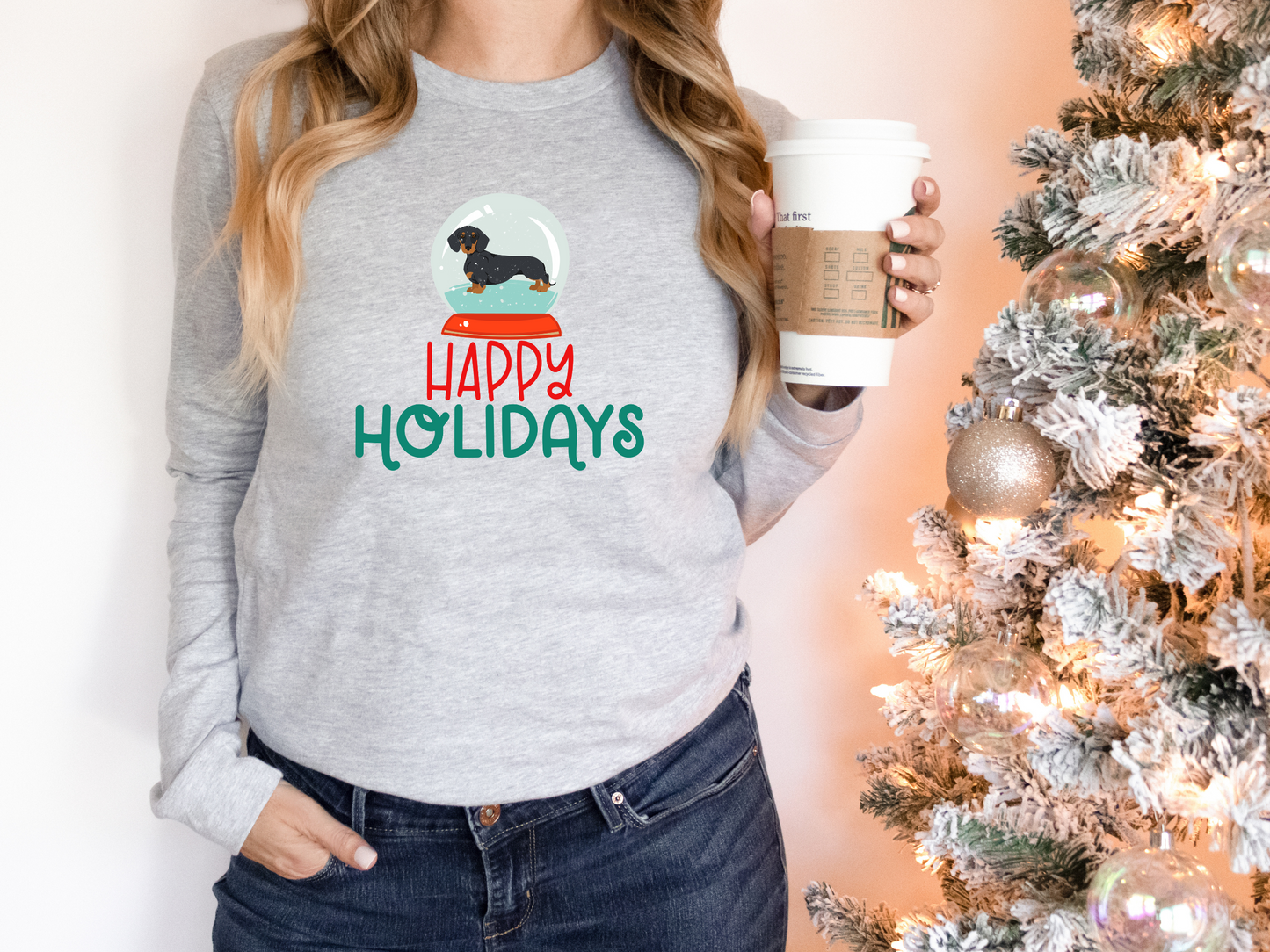 Happy Holidays Dachshund Long Sleeve Tshirt; Bella Canvas Unisex Jersey Long Sleeve Tee