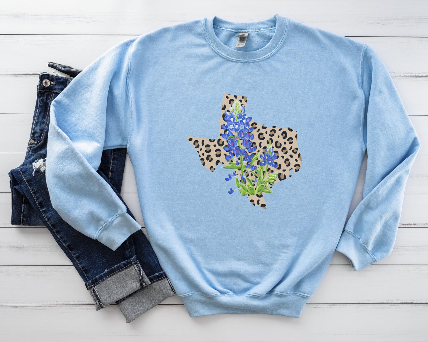 Texas shaped State Flower leopard print Sweatshirt; leopard print Texas State with Bluebonnet; Texas state flower animal print Gildan 18000