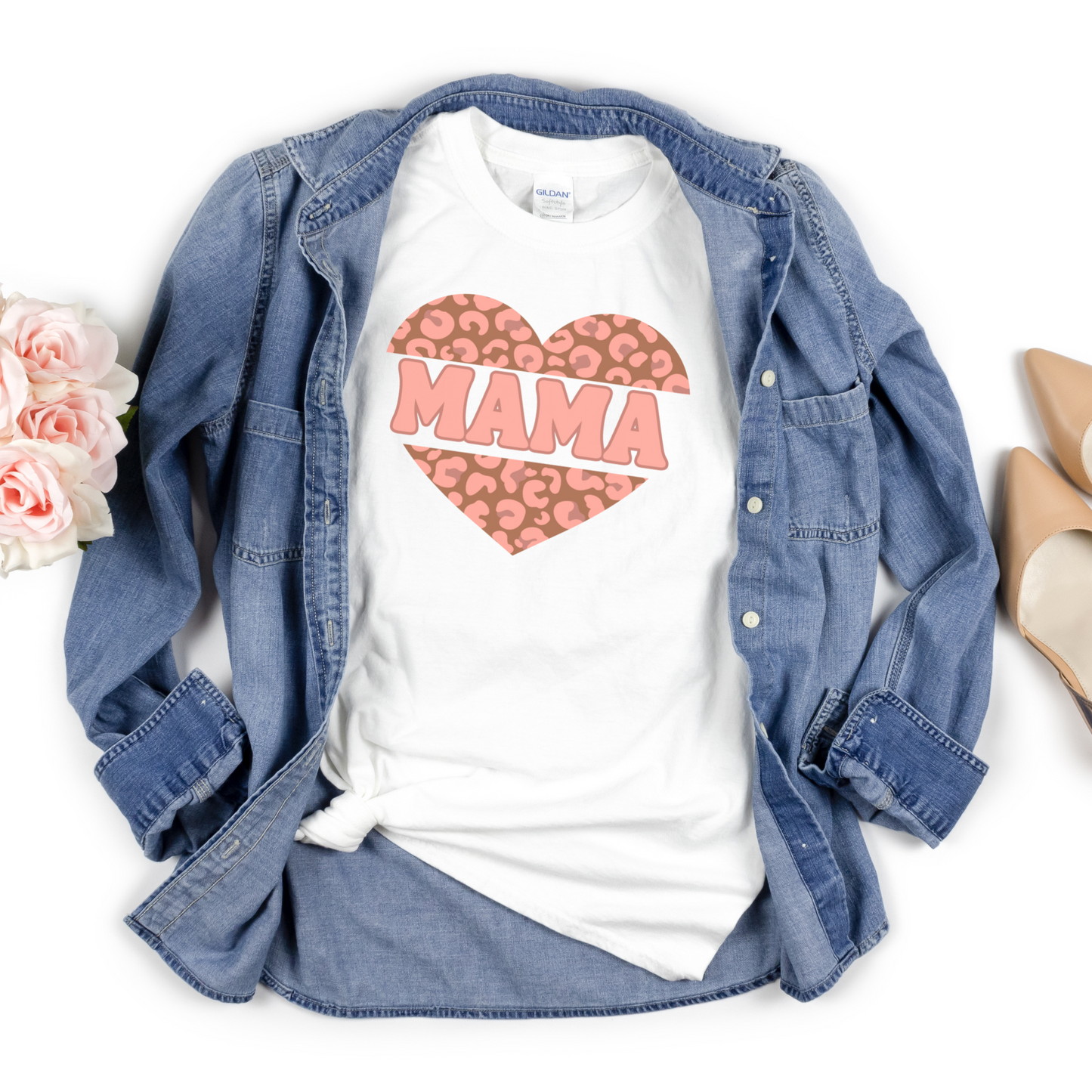 Mama with leopard print heart tshirt; bella canvas with leopard print heart; Mama tshirt