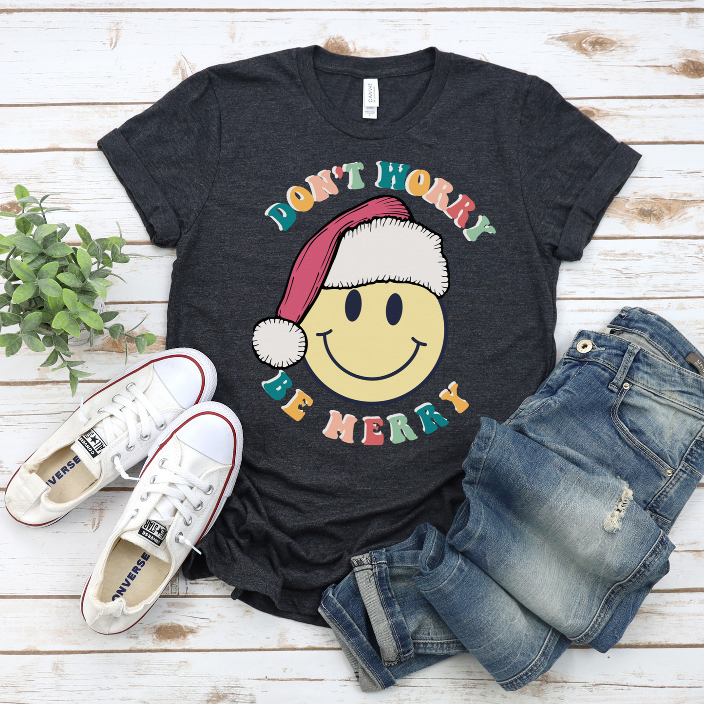 Don't Worry Be MERRY! Smiley Face Retro Christmas Shirt