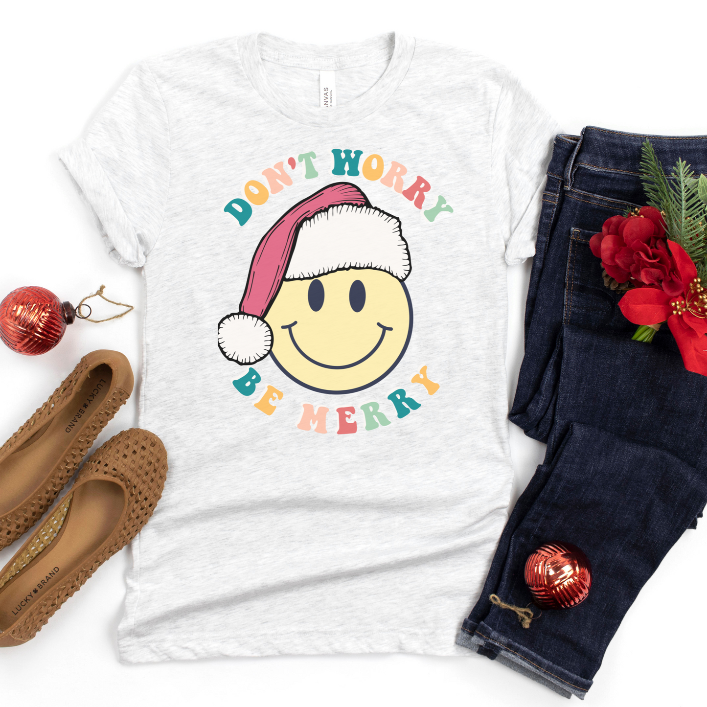 Don't Worry Be MERRY! Smiley Face Retro Christmas Shirt