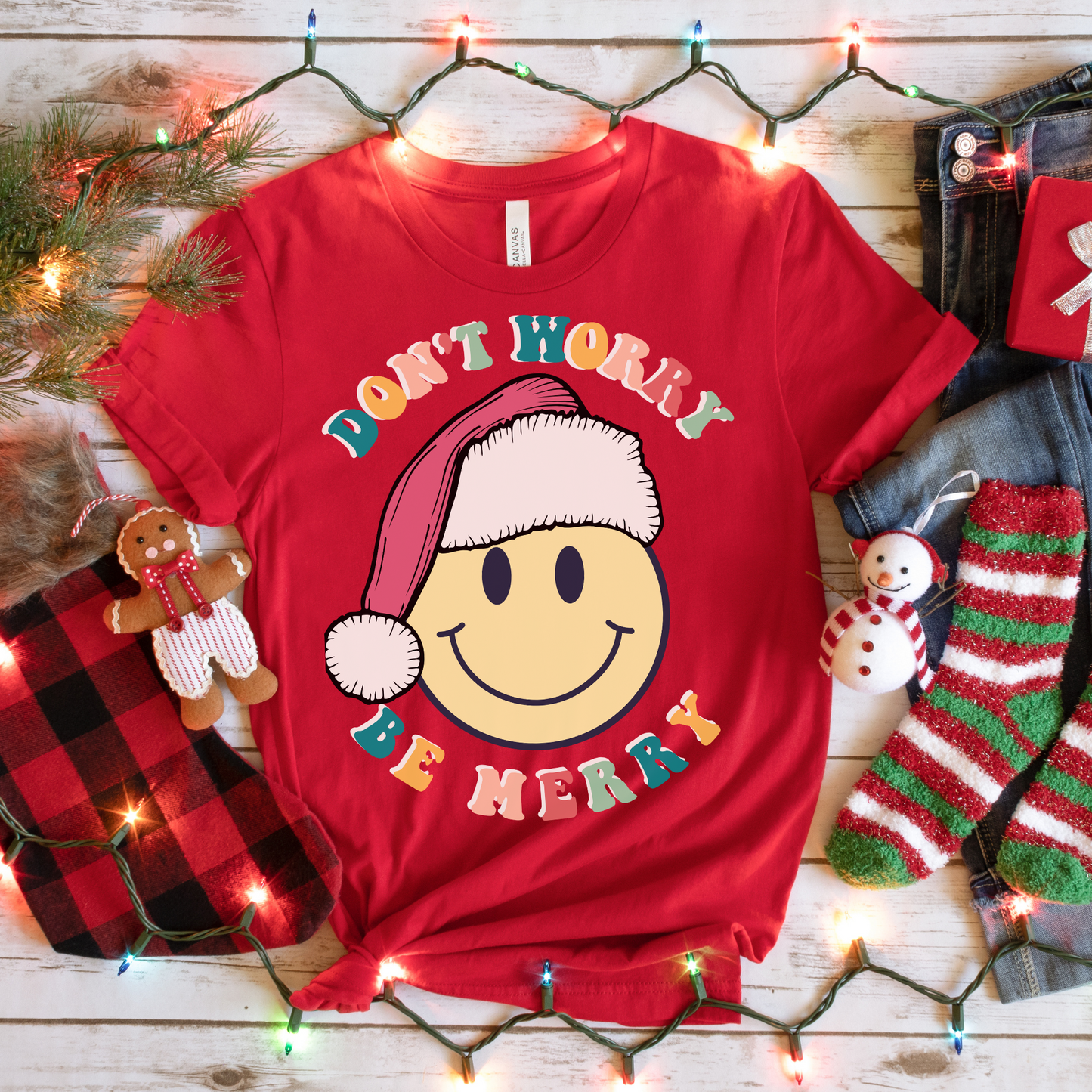 Don't Worry Be MERRY! Smiley Face Retro Christmas Shirt