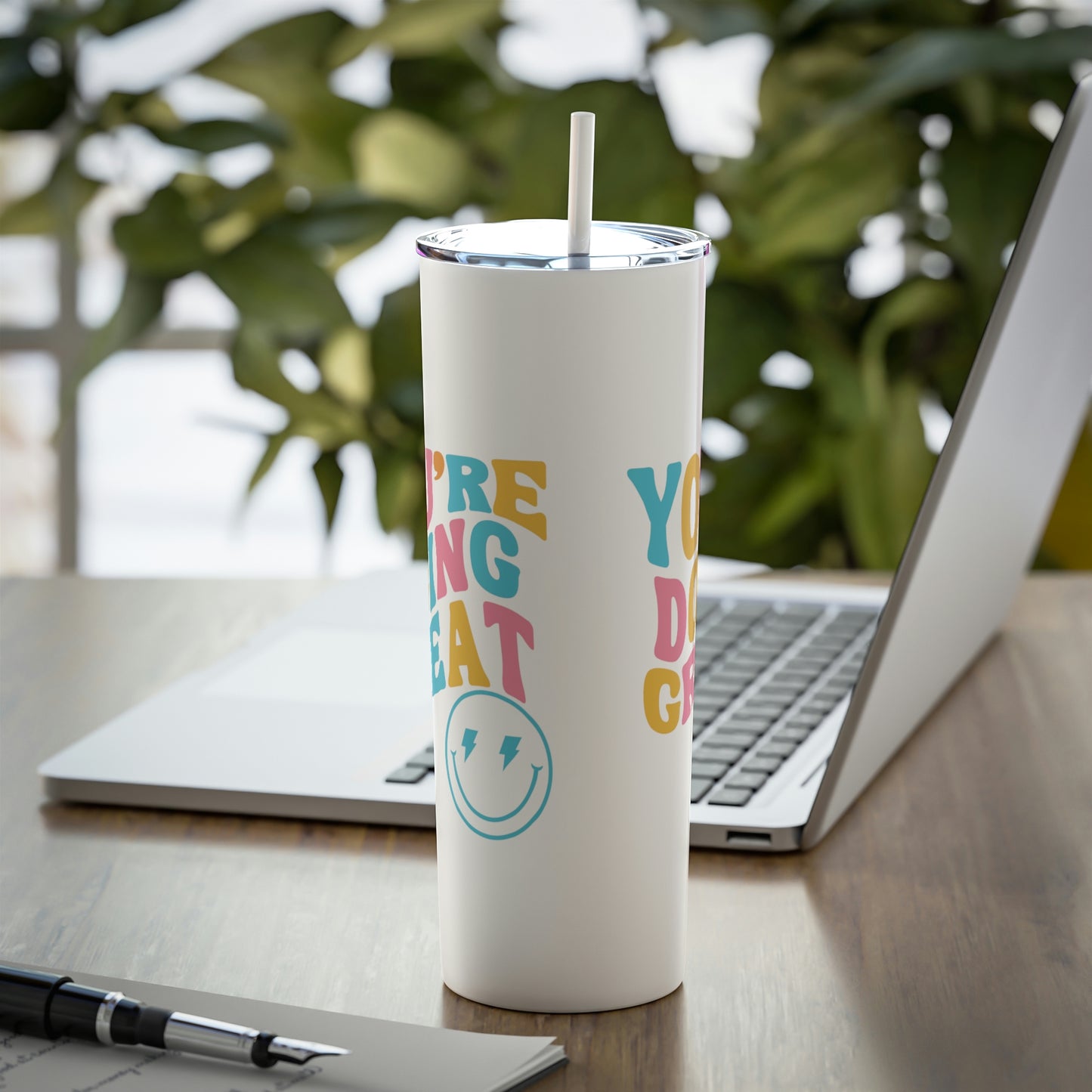 Rainbow "You're Doing Great" Tumbler with Straw and Smiley Face - 20 oz Capacity ; Positive Vibes Tumbler,Skinny Steel Tumbler with Straw, 20oz,mental health cup with straw