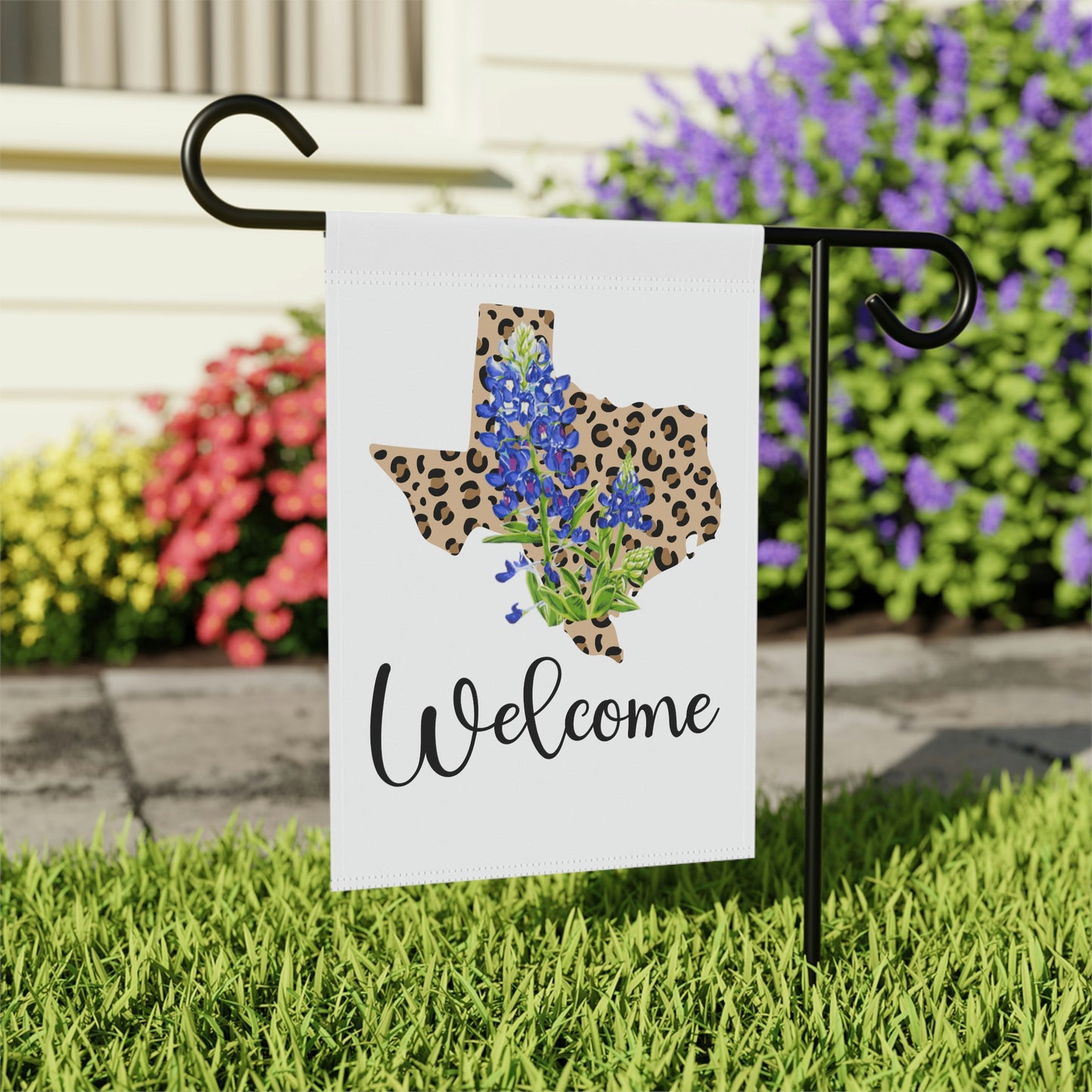 Texas Leopard print with Bluebonnet garden flag, Texas state flower garden flag, Texas Welcome garden flag
