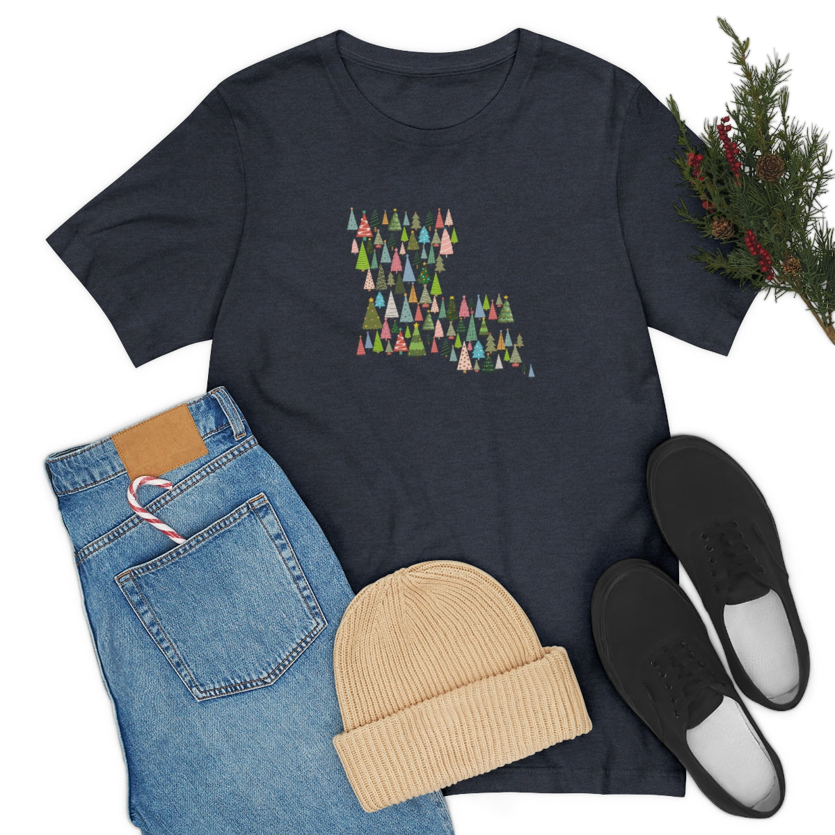 Louisiana Christmas T-Shirt; Louisiana Christmas trees; Louisiana Holiday Shirt; Holiday Tree Shirt; Bella Canvas Jersey Short Sleeve Tee