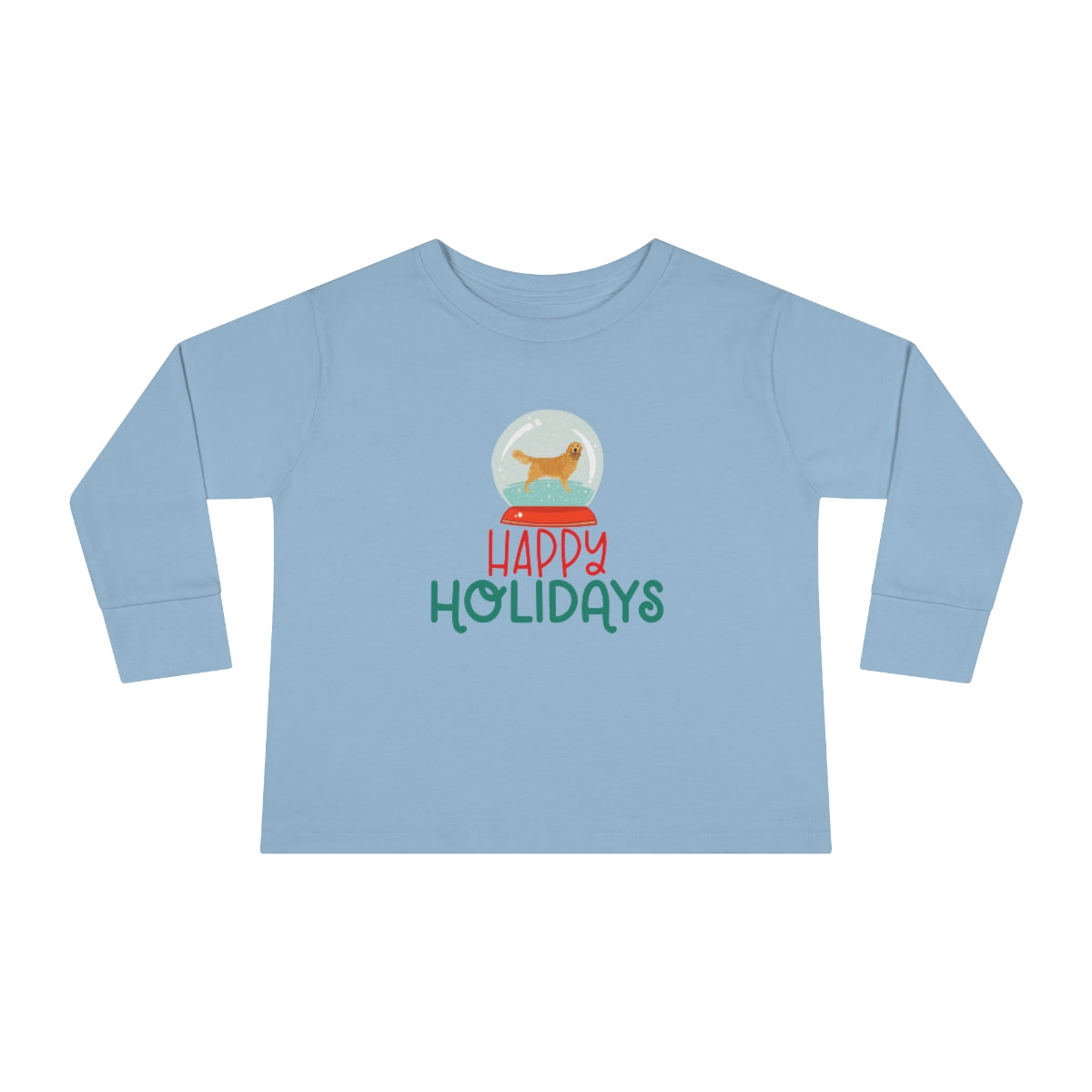 Happy Holidays Golden Retriever Toddler Long Sleeve Tee; Merry Christmas Dog shirt; Dog in a Snowglobe; Golden Retriever shirt
