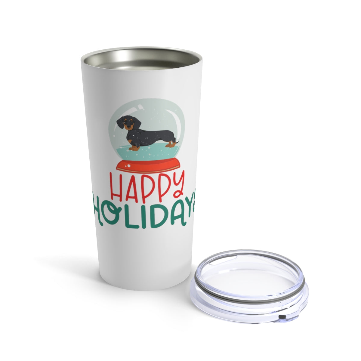 Happy Holidays Dachshund in a Snowglobe tumbler; for hot or cold drinks; Tumbler 20oz