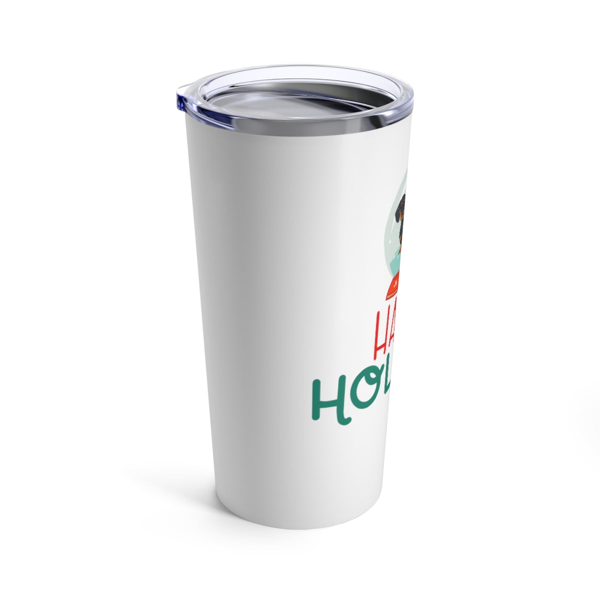 Happy Holidays Dachshund in a Snowglobe tumbler; for hot or cold drinks; Tumbler 20oz