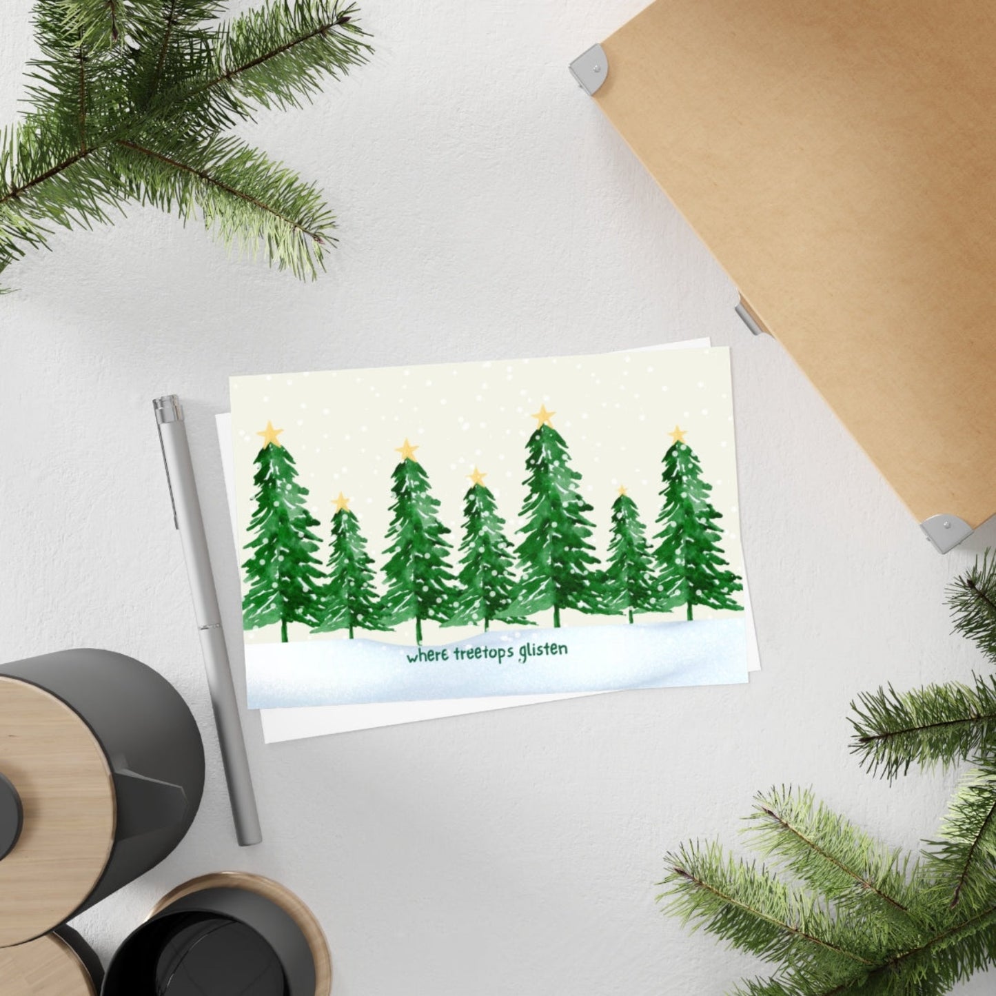 Beautiful Christmas Postcards (10pcs) featuring watercolor Christmas Trees in the Snow