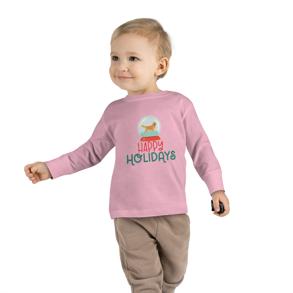Happy Holidays Golden Retriever Toddler Long Sleeve Tee; Merry Christmas Dog shirt; Dog in a Snowglobe; Golden Retriever shirt