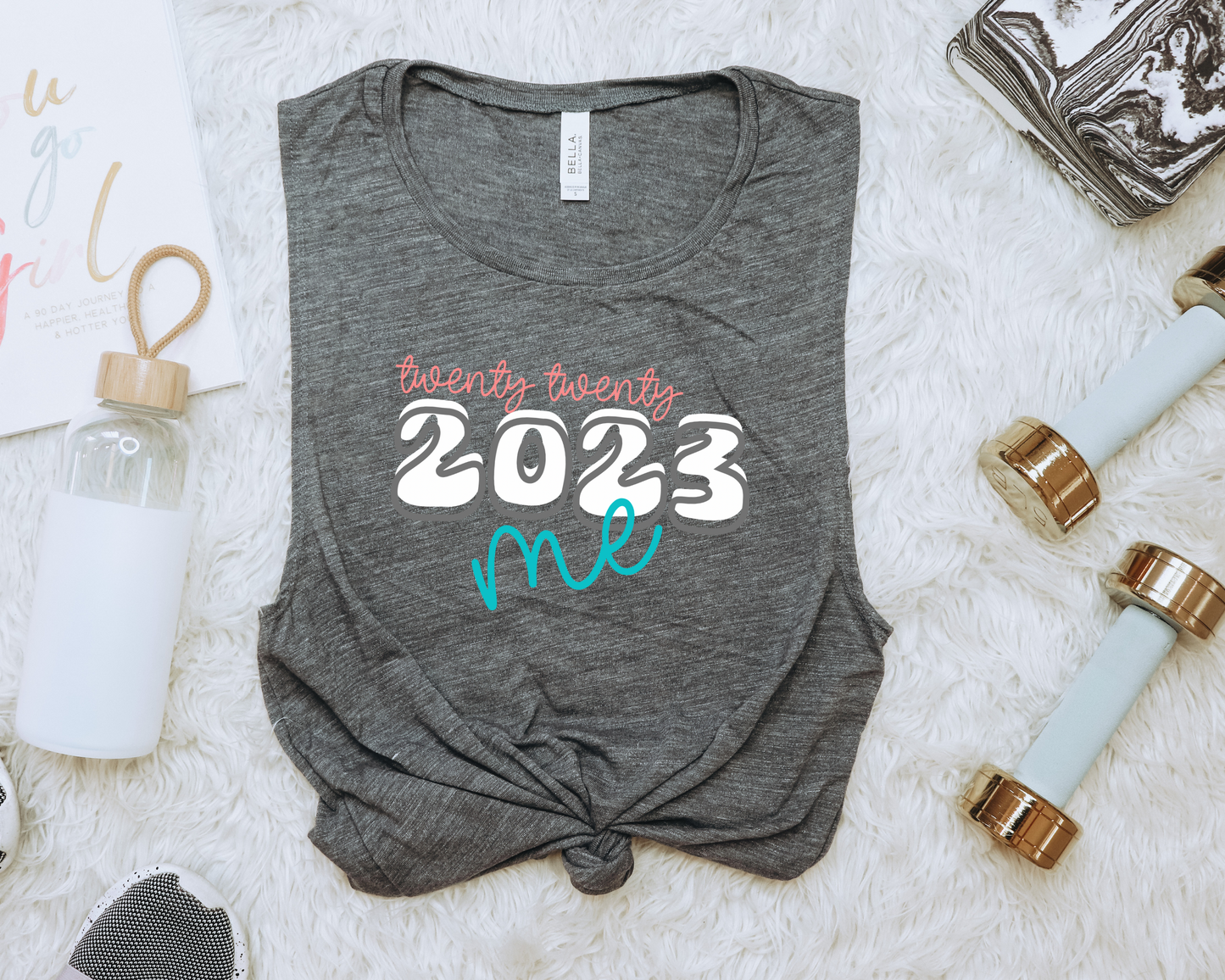 2023 Women's Flowy Scoop Muscle Tank; twenty twenty me tank top