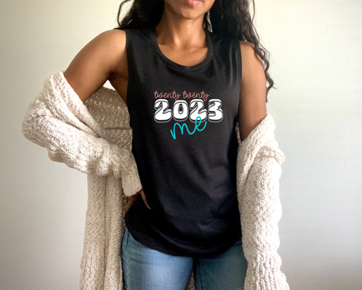 2023 Women's Flowy Scoop Muscle Tank; twenty twenty me tank top