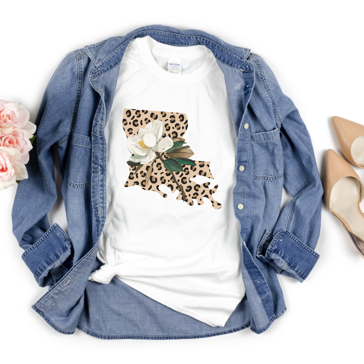 Louisiana shaped State Flower leopard print Tshirt; leopard print Louisiana State with Magnolia; Louisiana state flower animal print Tshirt