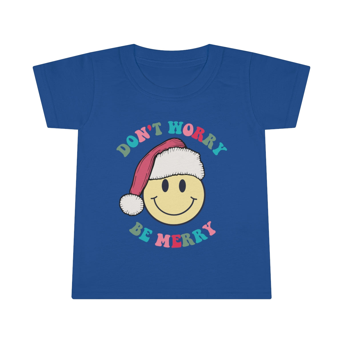 Don't Worry Be MERRY Toddler T-shirt; Smiley Face Holiday toddler tshirt; Holiday Toddler shirt with retro design; Smiley face santa