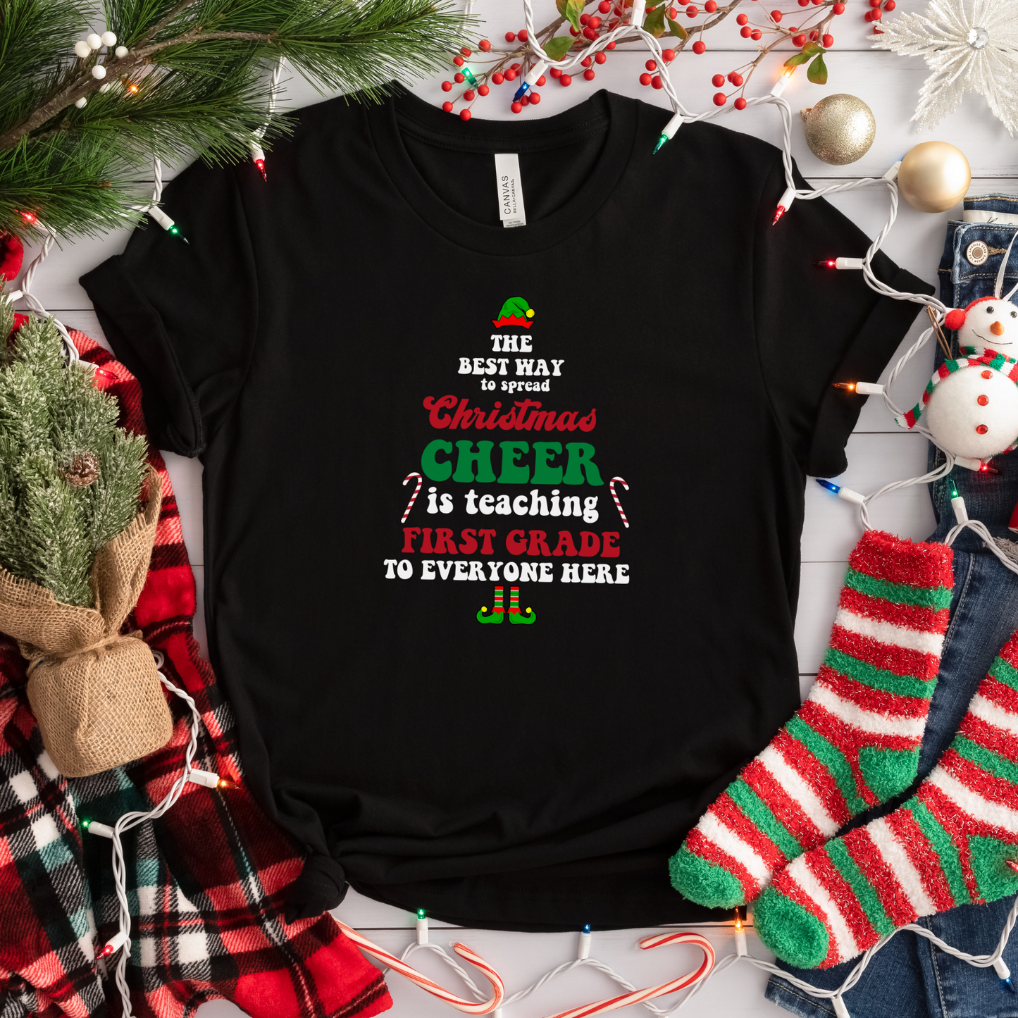 FIRST GRADE Teacher Christmas Shirt; Holiday Teacher; Retro Style Teacher Shirt; Gender Neutral Bella Canvas Jersey Short Sleeve Tshirt