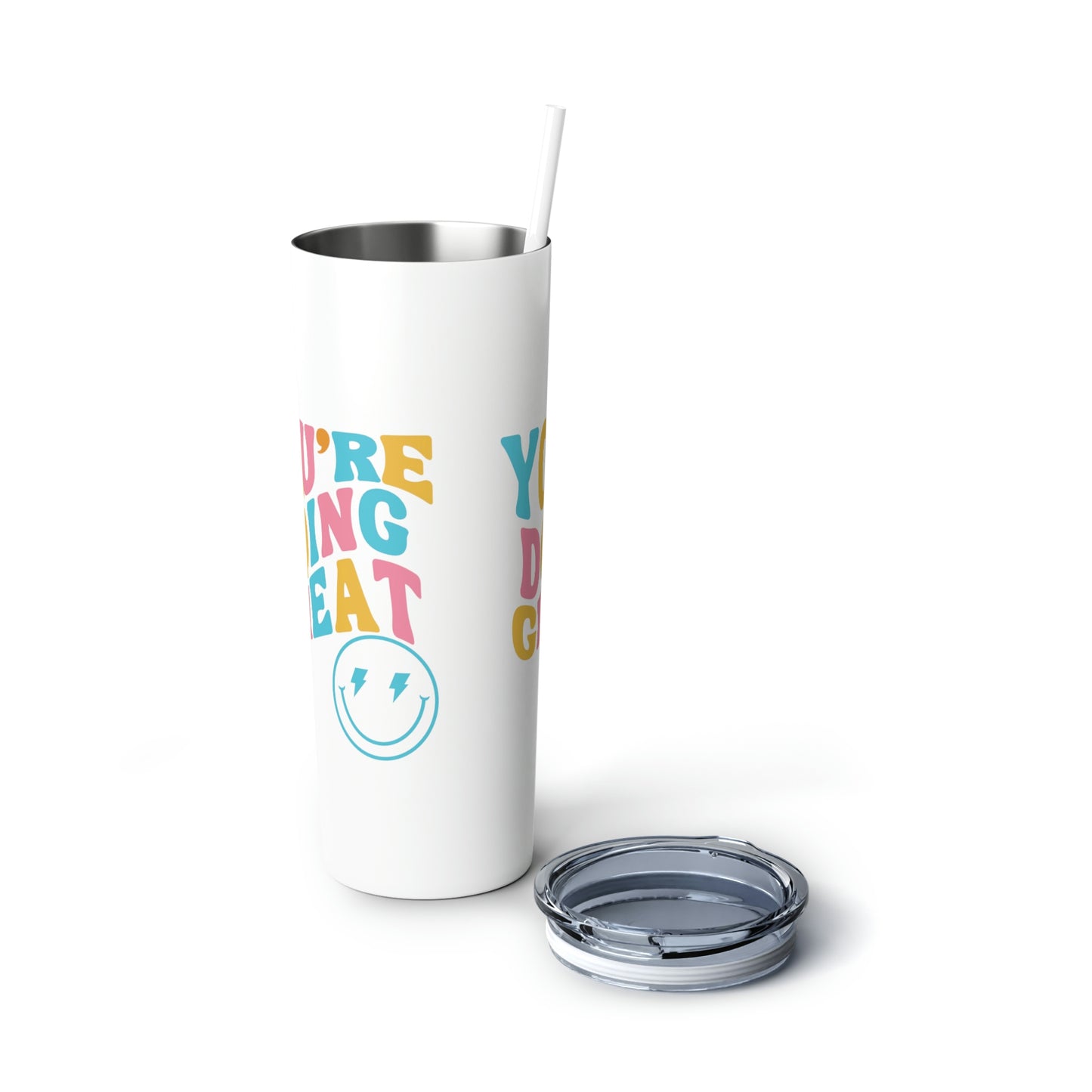 Rainbow "You're Doing Great" Tumbler with Straw and Smiley Face - 20 oz Capacity ; Positive Vibes Tumbler,Skinny Steel Tumbler with Straw, 20oz,mental health cup with straw