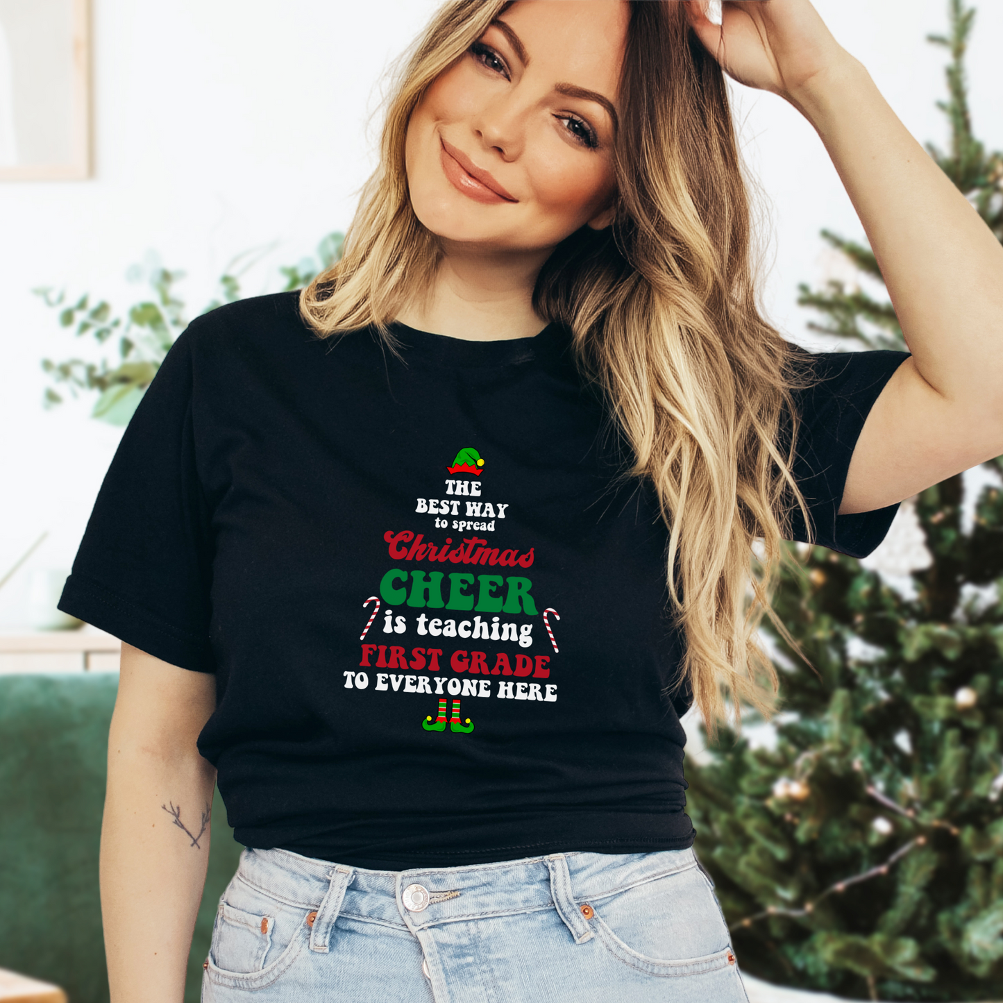 FIRST GRADE Teacher Christmas Shirt; Holiday Teacher; Retro Style Teacher Shirt; Gender Neutral Bella Canvas Jersey Short Sleeve Tshirt
