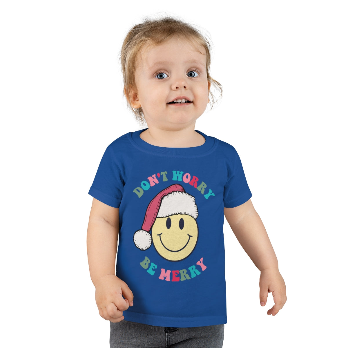 Don't Worry Be MERRY Toddler T-shirt; Smiley Face Holiday toddler tshirt; Holiday Toddler shirt with retro design; Smiley face santa
