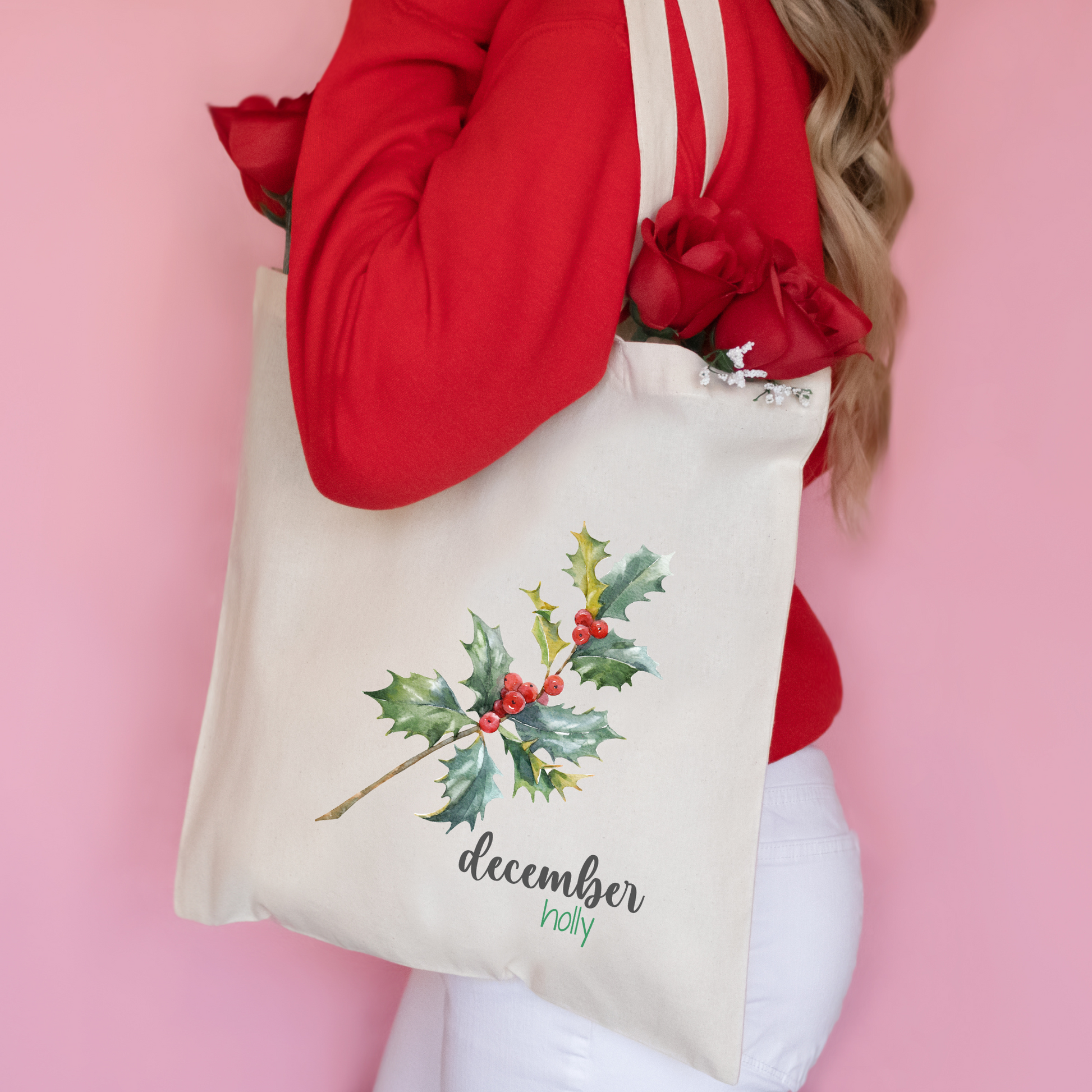 December Birth Flower Canvas Tote Bag; Holly Tote Bag