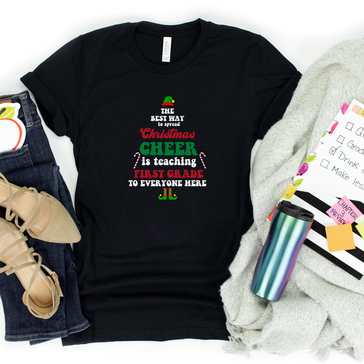 FIRST GRADE Teacher Christmas Shirt; Holiday Teacher; Retro Style Teacher Shirt; Gender Neutral Bella Canvas Jersey Short Sleeve Tshirt