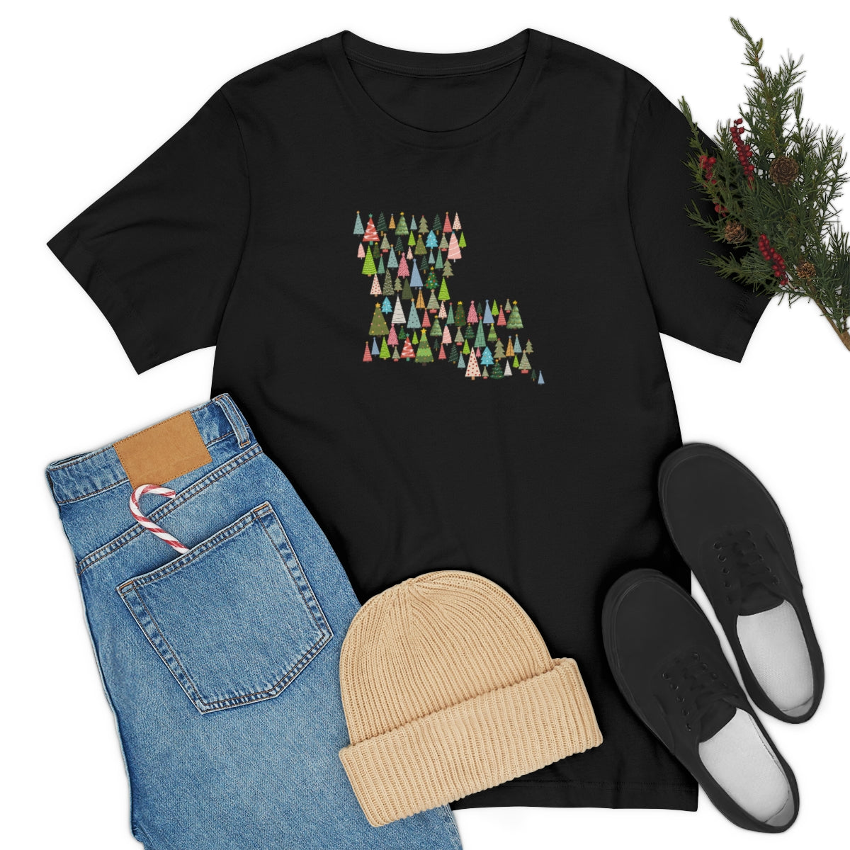 Louisiana Christmas T-Shirt; Louisiana Christmas trees; Louisiana Holiday Shirt; Holiday Tree Shirt; Bella Canvas Jersey Short Sleeve Tee