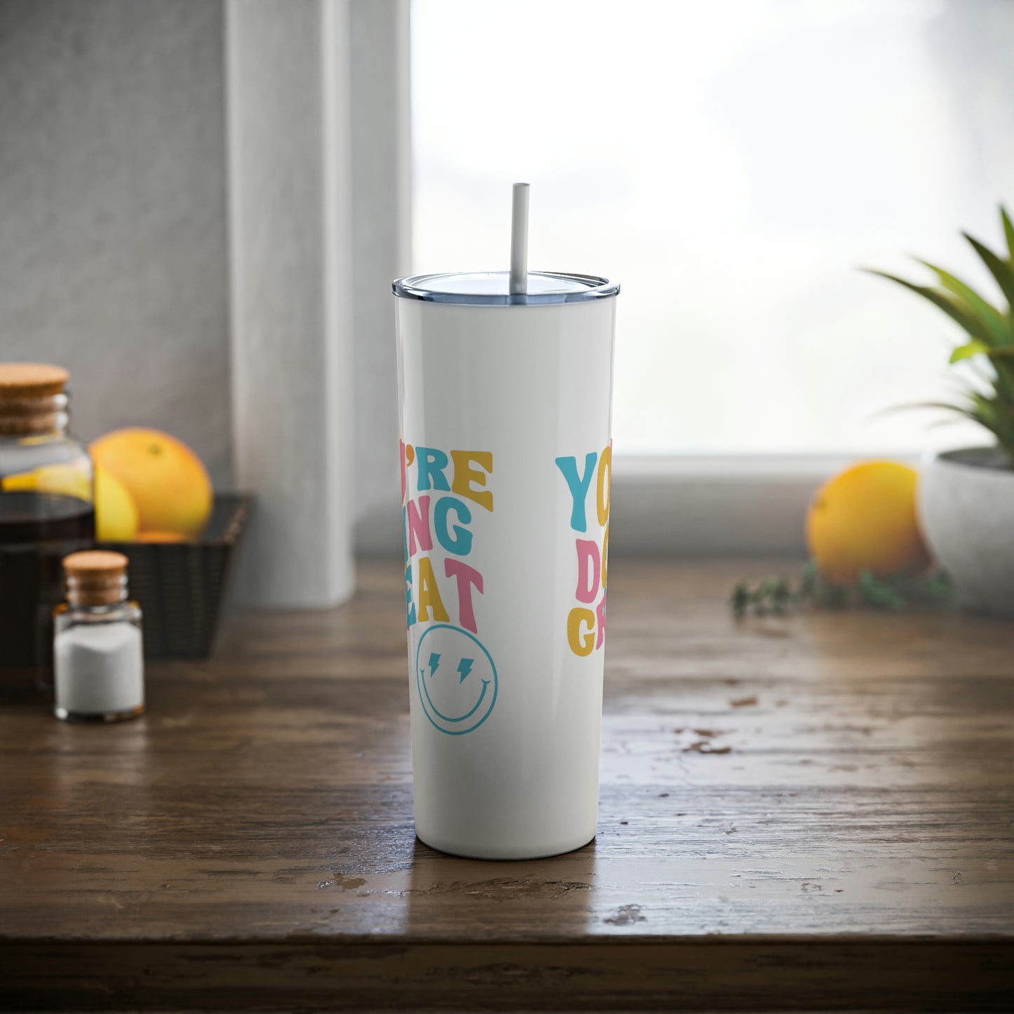 Rainbow "You're Doing Great" Tumbler with Straw and Smiley Face - 20 oz Capacity ; Positive Vibes Tumbler,Skinny Steel Tumbler with Straw, 20oz,mental health cup with straw