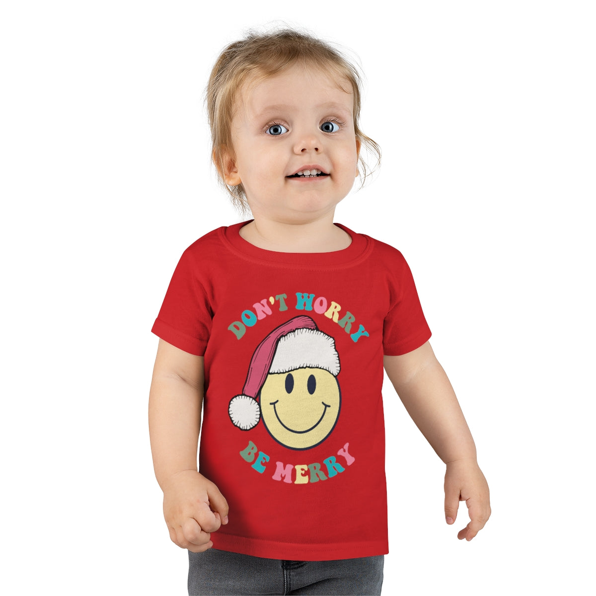 Don't Worry Be MERRY Toddler T-shirt; Smiley Face Holiday toddler tshirt; Holiday Toddler shirt with retro design; Smiley face santa