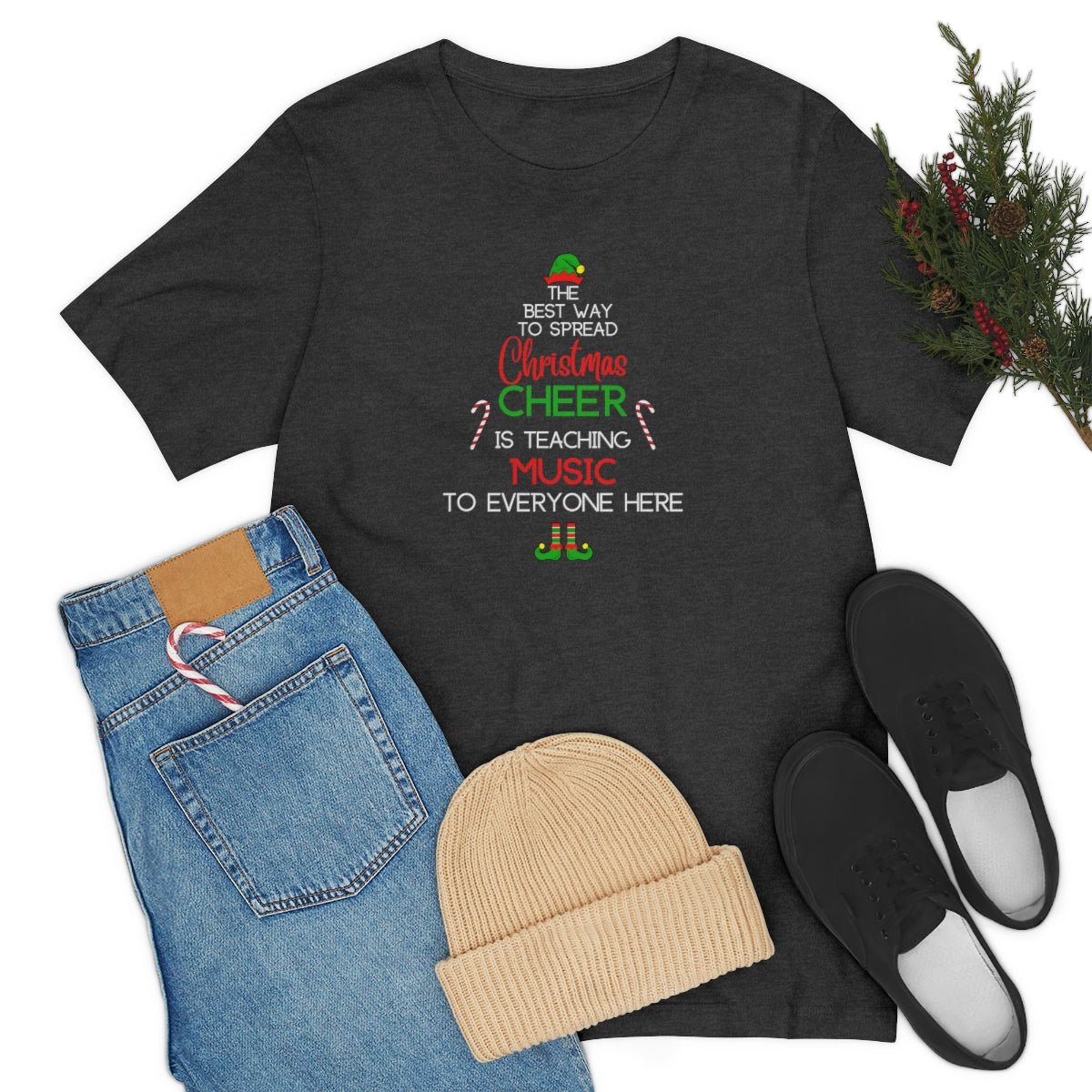 Spread Christmas Cheer Teacher TShirt for MUSIC TEACHERS; Unisex Jersey Short Sleeve Tee