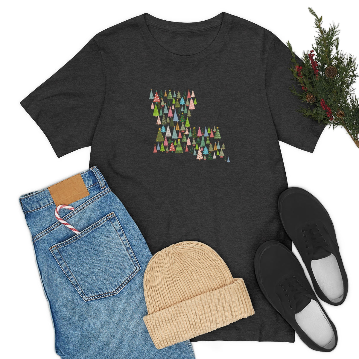Louisiana Christmas T-Shirt; Louisiana Christmas trees; Louisiana Holiday Shirt; Holiday Tree Shirt; Bella Canvas Jersey Short Sleeve Tee