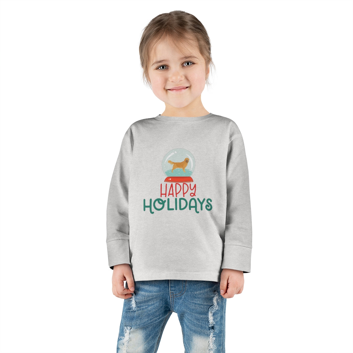 Happy Holidays Golden Retriever Toddler Long Sleeve Tee; Merry Christmas Dog shirt; Dog in a Snowglobe; Golden Retriever shirt