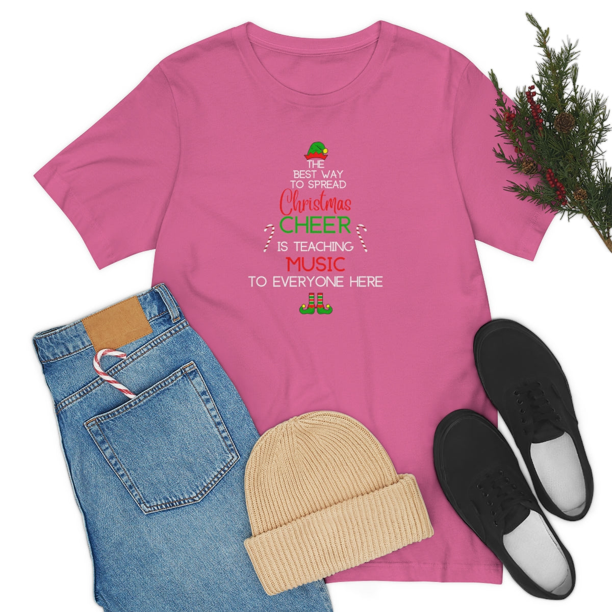 Spread Christmas Cheer Teacher TShirt for MUSIC TEACHERS; Unisex Jersey Short Sleeve Tee